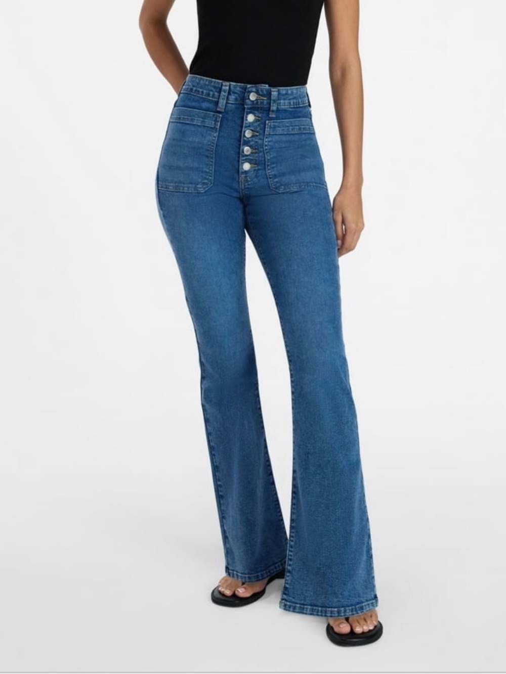 Time and Tru High-Rise Patch Pocket Button-Front Flare Blue Medium 0 Jeans Denim - Picture 3 of 5